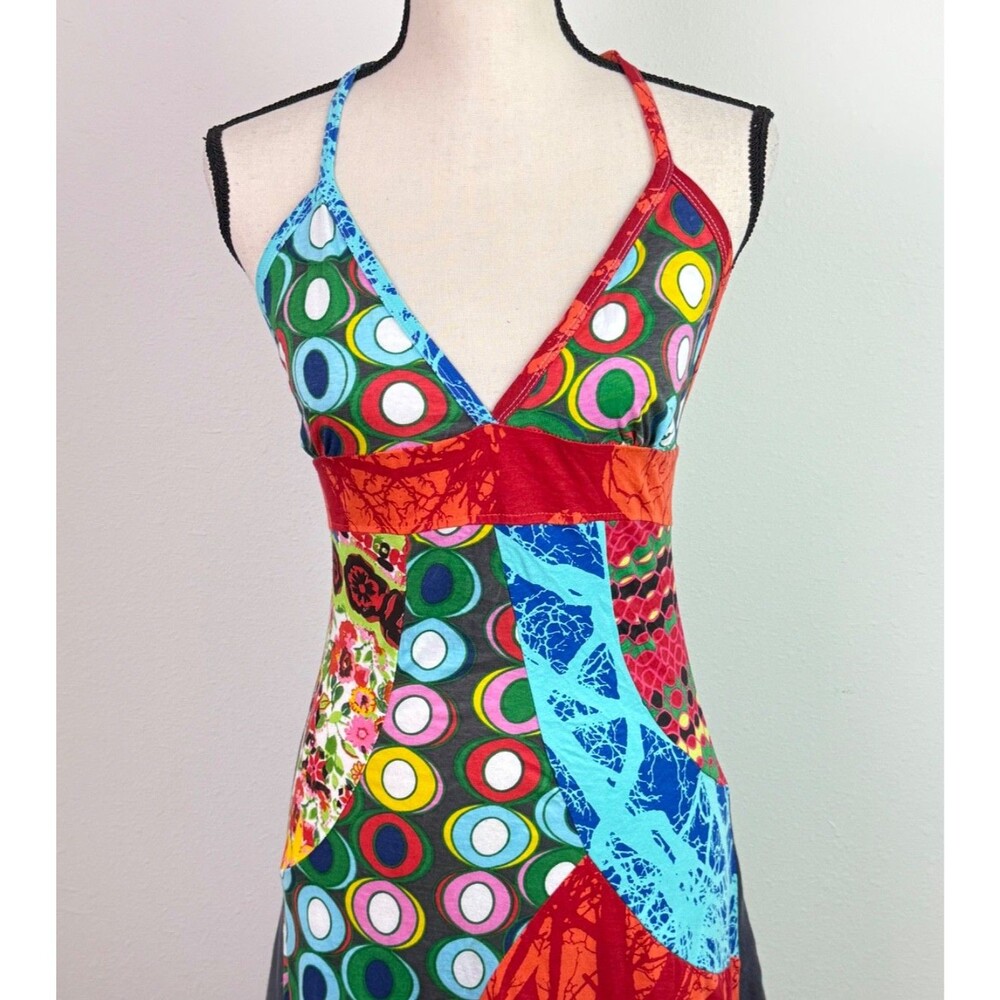 Desigual Patchwork Colorful Halter Dress Cotton Medium Boho Art to Wear Dopamine - Picture 2 of 9